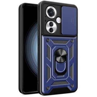 Oppo Reno 11F 5G Kılıf Zırhlı Standlı Silikon Sürgülü Kamera Korumalı Tank Kapak - Mavi