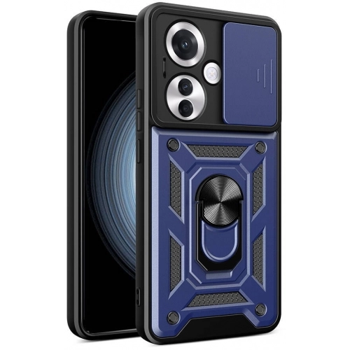 Oppo Reno 11F 5G Kılıf Zırhlı Standlı Silikon Sürgülü Kamera Korumalı Tank Kapak - Mavi