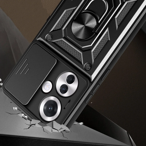 Oppo Reno 11F 5G Kılıf Zırhlı Standlı Silikon Sürgülü Kamera Korumalı Tank Kapak - Mavi