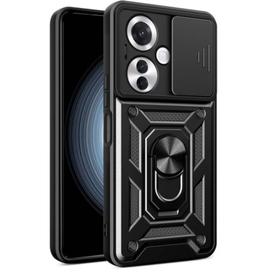 Oppo Reno 11F 5G Kılıf Zırhlı Standlı Silikon Sürgülü Kamera Korumalı Tank Kapak - Siyah