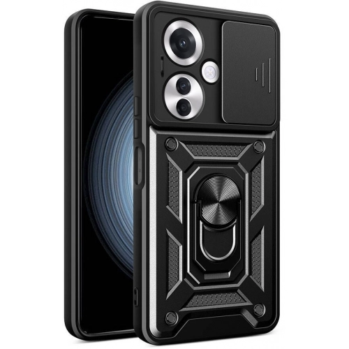 Oppo Reno 11F 5G Kılıf Zırhlı Standlı Silikon Sürgülü Kamera Korumalı Tank Kapak - Siyah