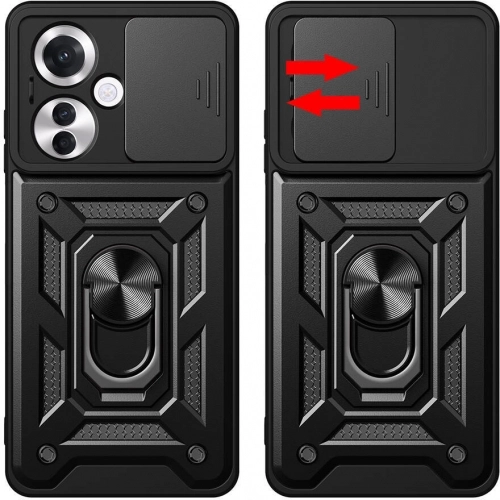 Oppo Reno 11F 5G Kılıf Zırhlı Standlı Silikon Sürgülü Kamera Korumalı Tank Kapak - Siyah