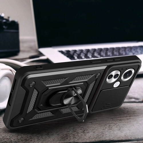 Oppo Reno 11F 5G Kılıf Zırhlı Standlı Silikon Sürgülü Kamera Korumalı Tank Kapak - Siyah