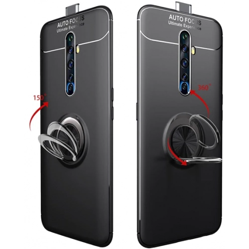 Oppo Reno 2z Kılıf Renkli Silikon Yüzüklü Standlı Auto Focus Ravel Kapak - Kırmızı - Siyah