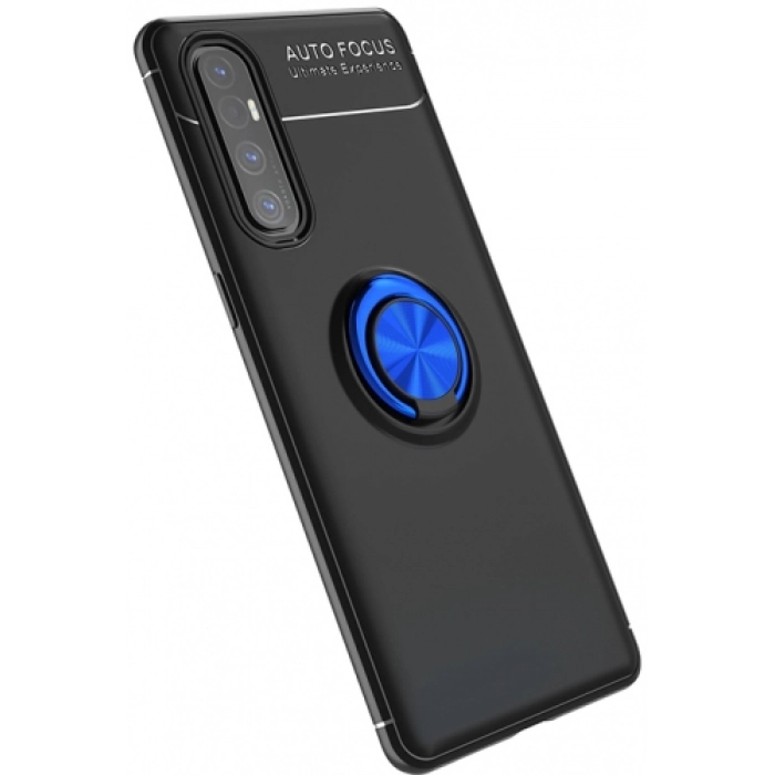 Oppo Reno 3 Pro Kılıf Renkli Silikon Yüzüklü Standlı Auto Focus Ravel Kapak - Mavi - Siyah
