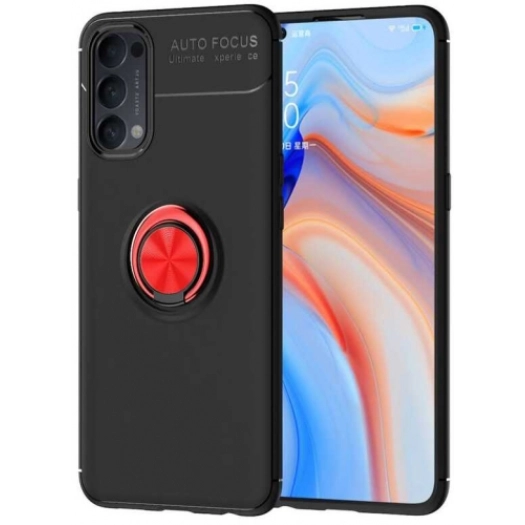 Oppo Reno 4 Kılıf Renkli Silikon Yüzüklü Standlı Auto Focus Ravel Kapak - Kırmızı - Siyah