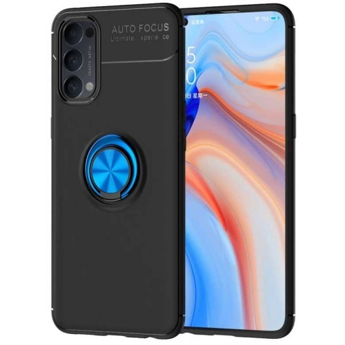 Oppo Reno 4 Kılıf Renkli Silikon Yüzüklü Standlı Auto Focus Ravel Kapak - Mavi - Siyah