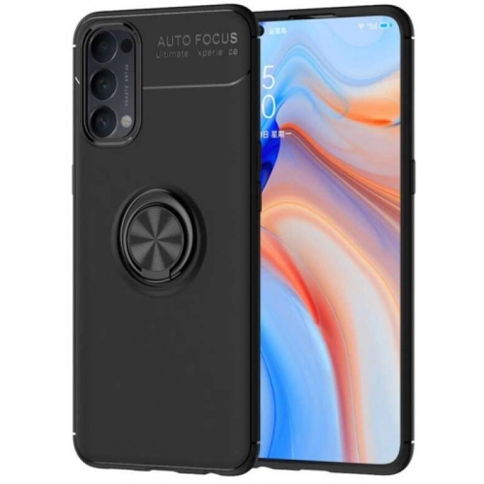 Oppo Reno 4 Kılıf Renkli Silikon Yüzüklü Standlı Auto Focus Ravel Kapak - Siyah