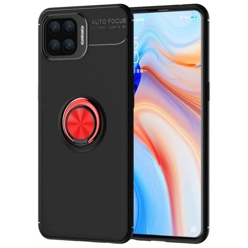 Oppo Reno 4 Lite Kılıf Renkli Silikon Yüzüklü Standlı Auto Focus Ravel Kapak - Kırmızı - Siyah