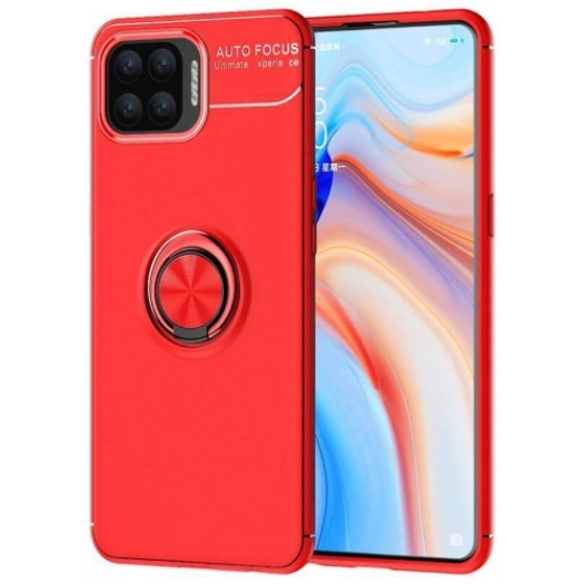 Oppo Reno 4 Lite Kılıf Renkli Silikon Yüzüklü Standlı Auto Focus Ravel Kapak - Kırmızı