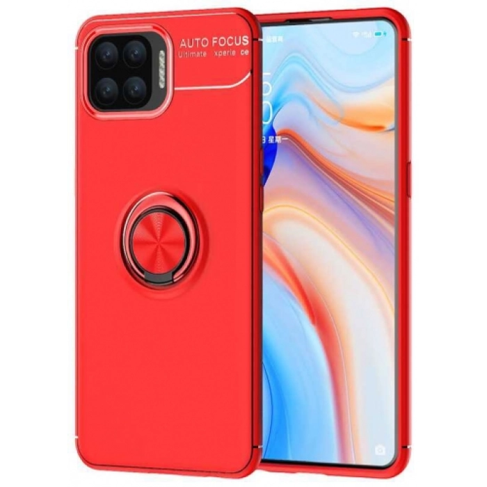 Oppo Reno 4 Lite Kılıf Renkli Silikon Yüzüklü Standlı Auto Focus Ravel Kapak - Kırmızı