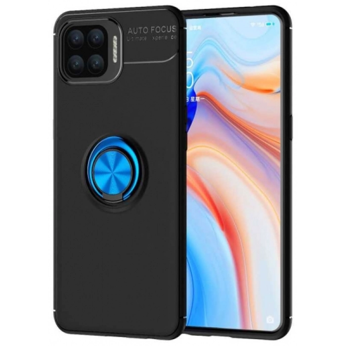 Oppo Reno 4 Lite Kılıf Renkli Silikon Yüzüklü Standlı Auto Focus Ravel Kapak - Mavi - Siyah