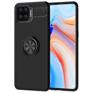 Oppo Reno 4 Lite Kılıf Renkli Silikon Yüzüklü Standlı Auto Focus Ravel Kapak - Siyah
