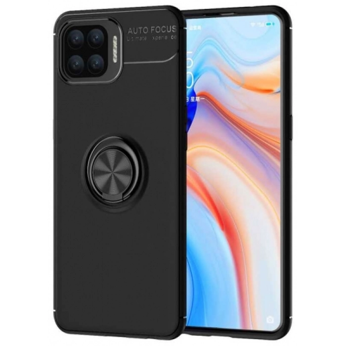 Oppo Reno 4 Lite Kılıf Renkli Silikon Yüzüklü Standlı Auto Focus Ravel Kapak - Siyah