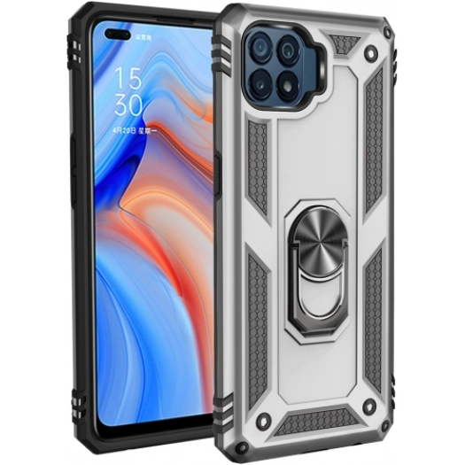 Oppo Reno 4 Lite Kılıf Silikon Zırhlı Standlı Yüzüklü Mıknatıslı Tank Kapak - Gri