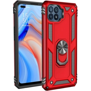 Oppo Reno 4 Lite Kılıf Silikon Zırhlı Standlı Yüzüklü Mıknatıslı Tank Kapak - Kırmızı