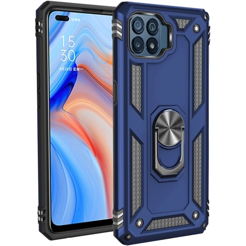 Oppo Reno 4 Lite Kılıf Silikon Zırhlı Standlı Yüzüklü Mıknatıslı Tank Kapak - Lacivert