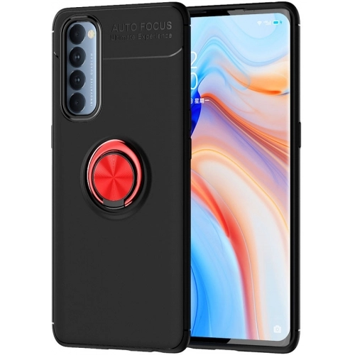 Oppo Reno 4 Pro Kılıf Renkli Silikon Yüzüklü Standlı Auto Focus Ravel Kapak - Kırmızı - Siyah