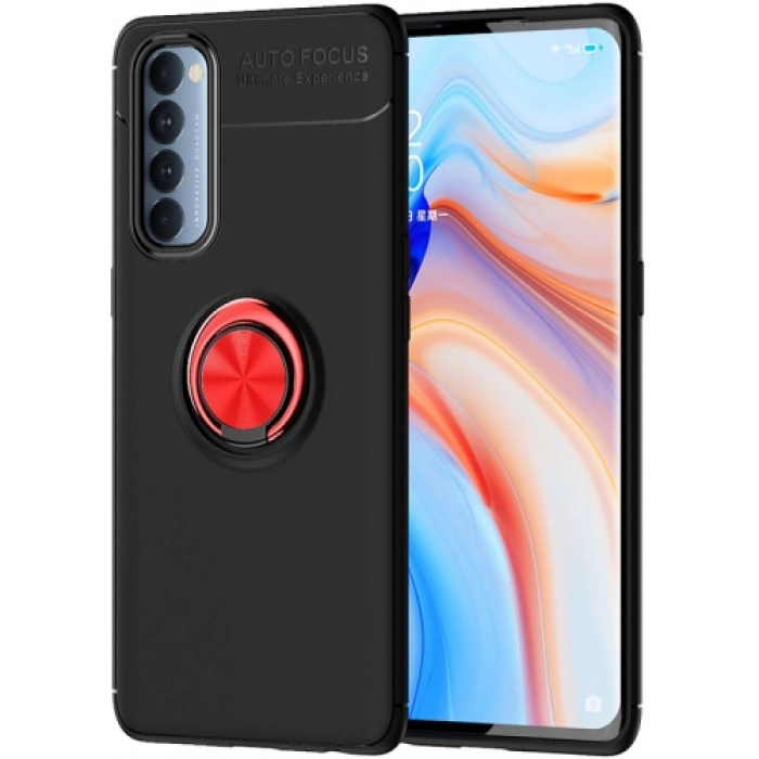 Oppo Reno 4 Pro Kılıf Renkli Silikon Yüzüklü Standlı Auto Focus Ravel Kapak - Kırmızı - Siyah