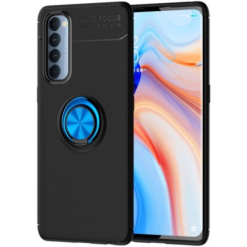 Oppo Reno 4 Pro Kılıf Renkli Silikon Yüzüklü Standlı Auto Focus Ravel Kapak - Mavi - Siyah