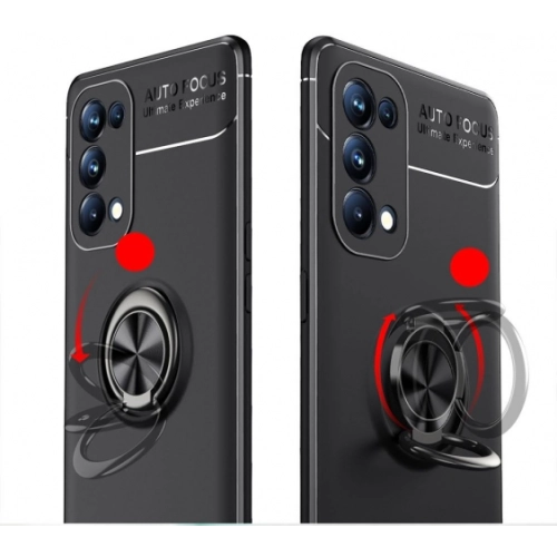 Oppo Reno 5 Pro Kılıf Renkli Silikon Yüzüklü Standlı Auto Focus Ravel Kapak - Kırmızı - Siyah