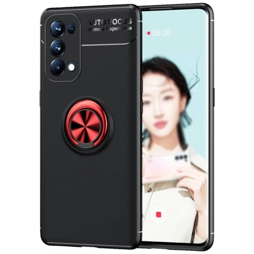 Oppo Reno 5 Kılıf Renkli Silikon Yüzüklü Standlı Auto Focus Ravel Kapak - Kırmızı - Siyah