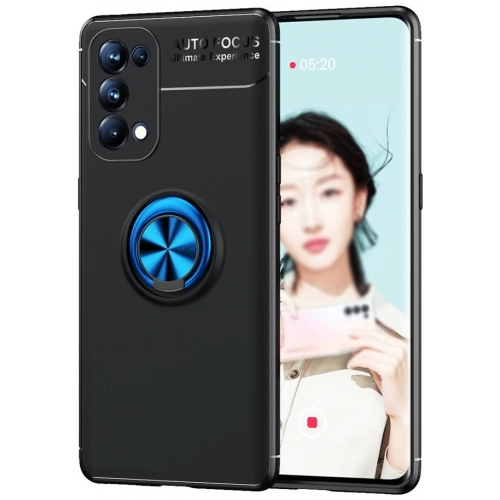 Oppo Reno 5 Pro Kılıf Renkli Silikon Yüzüklü Standlı Auto Focus Ravel Kapak - Mavi - Siyah
