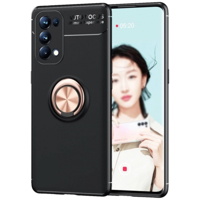 Oppo Reno 5 Kılıf Renkli Silikon Yüzüklü Standlı Auto Focus Ravel Kapak - Rose Gold