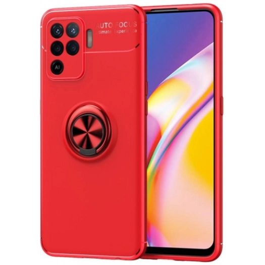 Oppo Reno 5 Lite Kılıf Renkli Silikon Yüzüklü Standlı Auto Focus Ravel Kapak - Kırmızı
