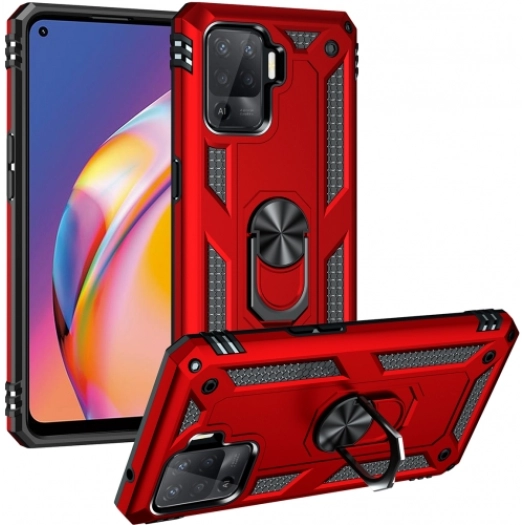 Oppo Reno 5 Lite Kılıf Silikon Zırhlı Standlı Yüzüklü Mıknatıslı Tank Kapak - Kırmızı