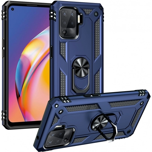 Oppo Reno 5 Lite Kılıf Silikon Zırhlı Standlı Yüzüklü Mıknatıslı Tank Kapak - Lacivert