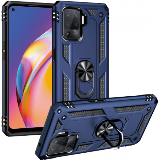 Oppo Reno 5 Lite Kılıf Silikon Zırhlı Standlı Yüzüklü Mıknatıslı Tank Kapak - Lacivert