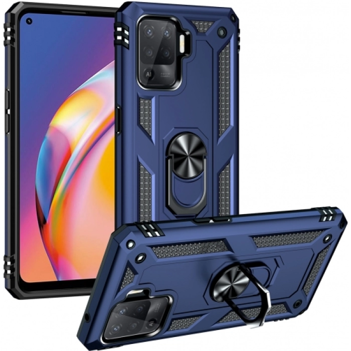 Oppo Reno 5 Lite Kılıf Silikon Zırhlı Standlı Yüzüklü Mıknatıslı Tank Kapak - Lacivert