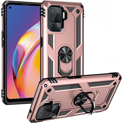 Oppo Reno 5 Lite Kılıf Silikon Zırhlı Standlı Yüzüklü Mıknatıslı Tank Kapak - Rose Gold