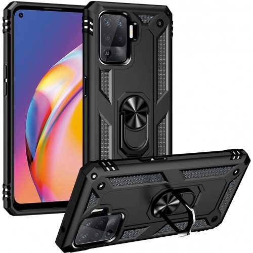 Oppo Reno 5 Lite Kılıf Silikon Zırhlı Standlı Yüzüklü Mıknatıslı Tank Kapak - Siyah