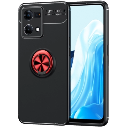 Oppo Reno 7 Kılıf Renkli Silikon Yüzüklü Standlı Auto Focus Ravel Kapak - Kırmızı - Siyah