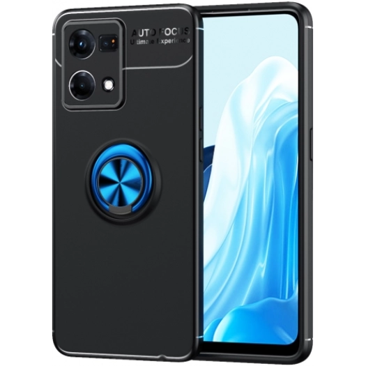 Oppo Reno 7 Kılıf Renkli Silikon Yüzüklü Standlı Auto Focus Ravel Kapak - Mavi - Siyah