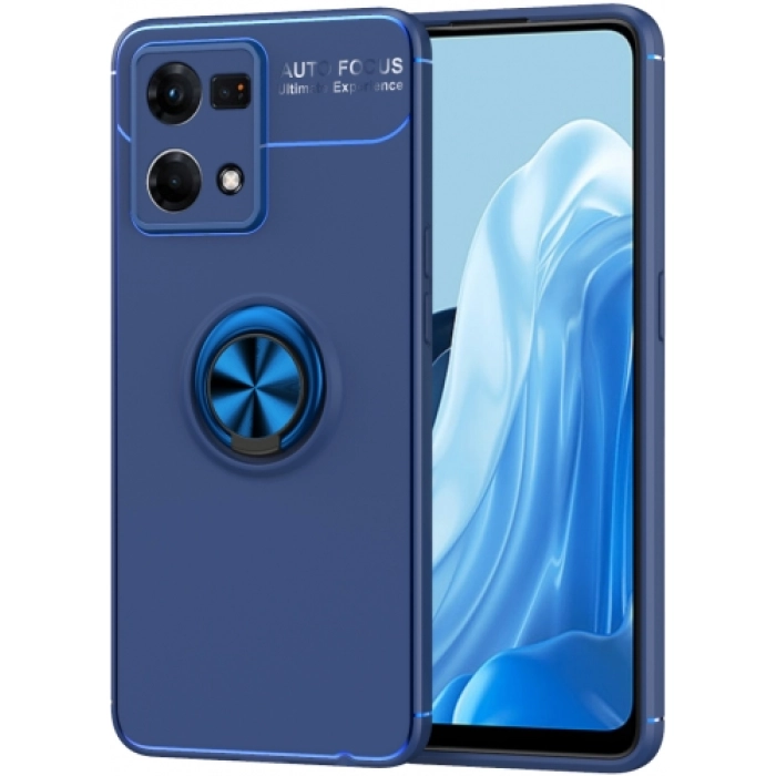 Oppo Reno 7 Kılıf Renkli Silikon Yüzüklü Standlı Auto Focus Ravel Kapak - Mavi