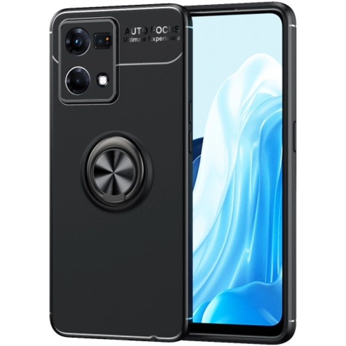 Oppo Reno 7 Kılıf Renkli Silikon Yüzüklü Standlı Auto Focus Ravel Kapak - Siyah