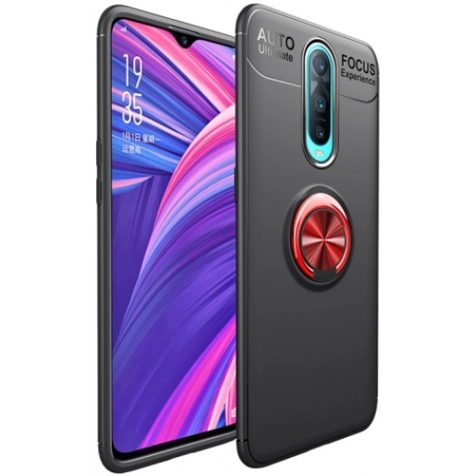 Oppo RX17 Pro Kılıf Renkli Silikon Yüzüklü Standlı Auto Focus Ravel Kapak - Kırmızı - Siyah
