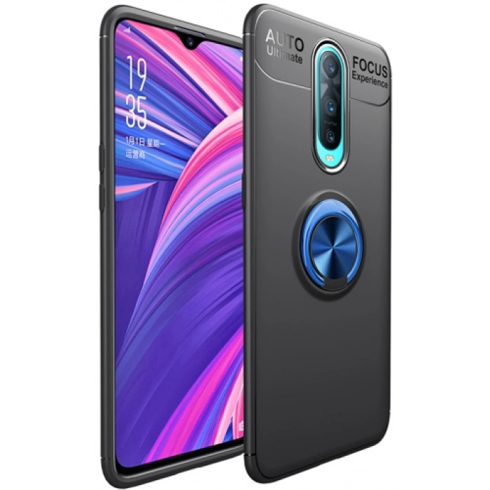 Oppo RX17 Pro Kılıf Renkli Silikon Yüzüklü Standlı Auto Focus Ravel Kapak - Mavi - Siyah