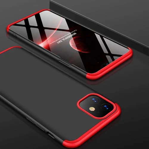 Apple iPhone 11 Kılıf 3 Parçalı 360 Tam Korumalı Rubber AYS Kapak  - Kırmızı - Siyah