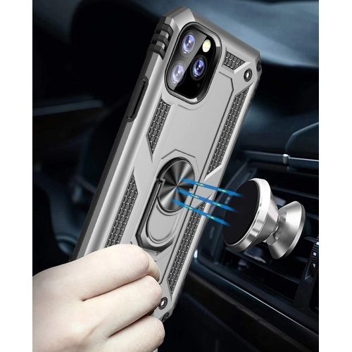 Apple iPhone 11 Pro Kılıf Silikon Zırhlı Standlı Yüzüklü Mıknatıslı Tank Kapak - Gümüş