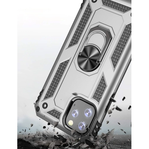 Apple iPhone 11 Pro Kılıf Silikon Zırhlı Standlı Yüzüklü Mıknatıslı Tank Kapak - Gümüş