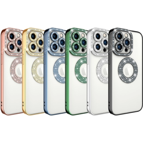 Apple iPhone 13 Pro Max (6.7) Kılıf Renkli Taşlı Şeffaf Lens Korumalı Kapak TPU - Gold