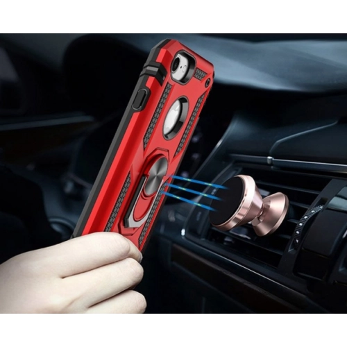Apple iPhone 8 Kılıf Silikon Zırhlı Standlı Yüzüklü Mıknatıslı Tank Kapak - Kırmızı