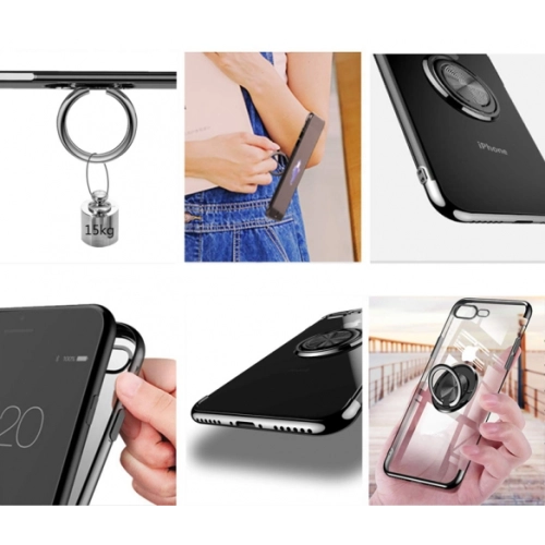 Apple iPhone 8 Plus Kılıf Renkli Köşeli Yüzüklü Standlı Lazer Şeffaf Esnek Silikon - Gold