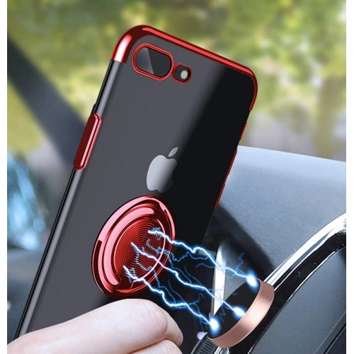 Apple iPhone 8 Plus Kılıf Renkli Köşeli Yüzüklü Standlı Lazer Şeffaf Esnek Silikon - Gold