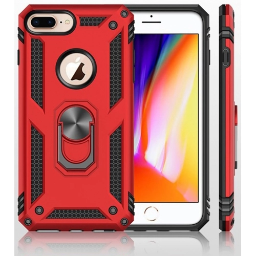 Apple iPhone 8 Plus Kılıf Silikon Zırhlı Standlı Yüzüklü Mıknatıslı Tank Kapak - Kırmızı