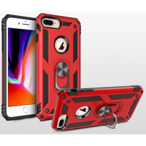 Apple iPhone 8 Plus Kılıf Silikon Zırhlı Standlı Yüzüklü Mıknatıslı Tank Kapak - Kırmızı